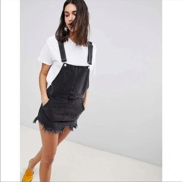 Free People Torn Up Denim Cut Off Skirt Overalls Black Denim Jumper 6 / 28 - Picture 3 of 15